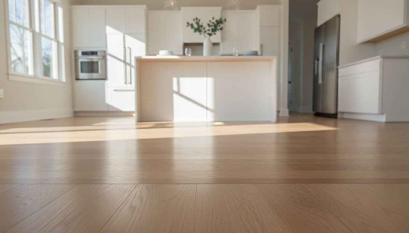 Ultra-realistic wide-angle photo of a pristine modern kitchen in Alpharetta, GA, showcasing newly installed light oak engineered hardwood floors with subtle reflections and natural daylight.