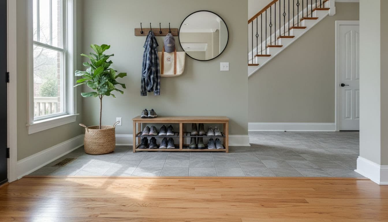 Mudroom hardwood-to-tile transition