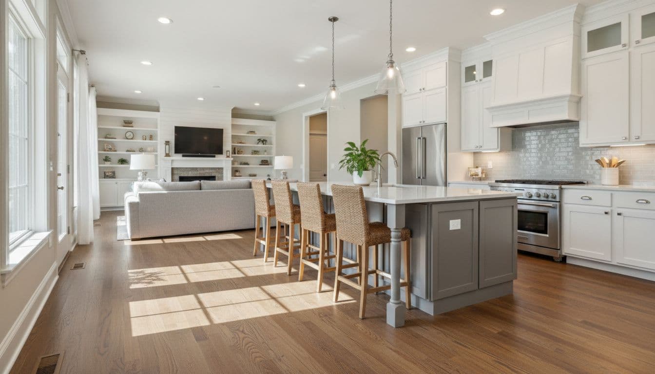 Bright open-concept kitchen with oak hardwood floors