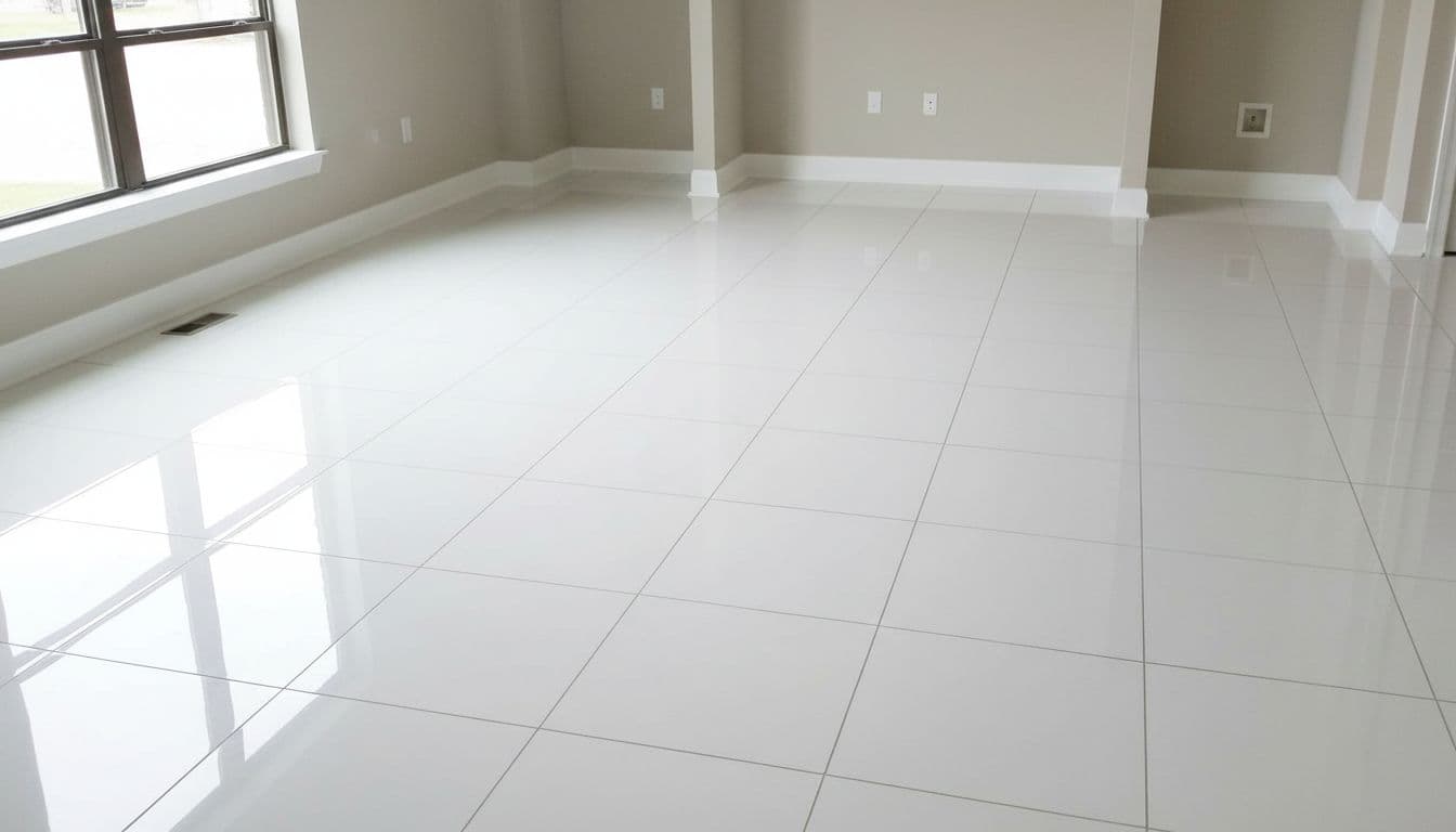 Clean porcelain tile floor in a bright kitchen featuring glossy, moisture-resistant large-format tiles with subtle grout lines, natural daylight, and even soft lighting in a modern North Georgia home.