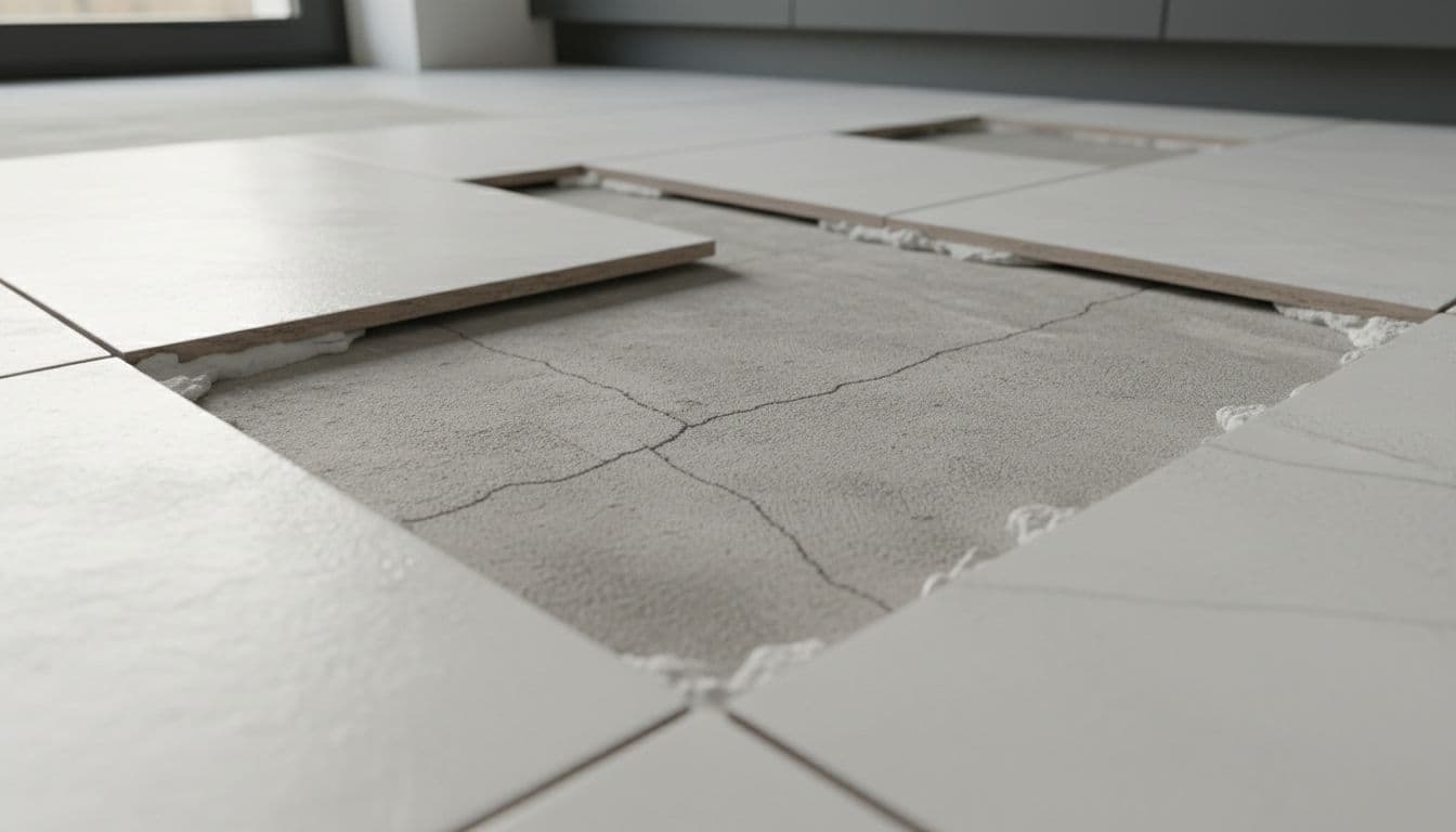 Photo-realistic close-up of a concrete slab floor with thin hairline cracks barely visible under partially lifted white ceramic tile in a modern kitchen, natural daylight from window, high detail on cracks and grout, no people, no text, no logos.