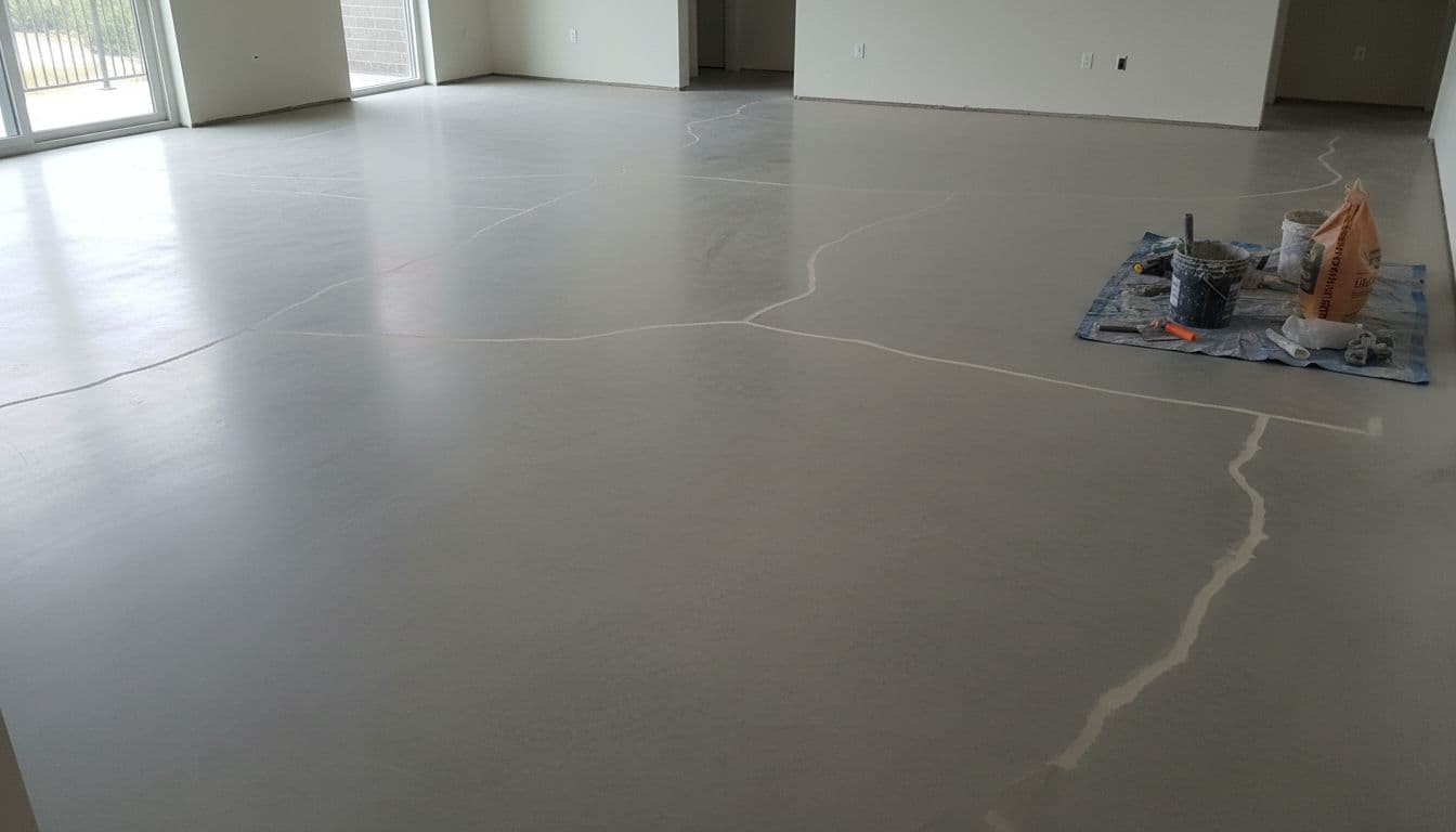 Photo-realistic wide view of a smooth finished concrete slab ready for tile installation after crack repair, in an empty modern living room with preparation tools nearby and soft natural light.