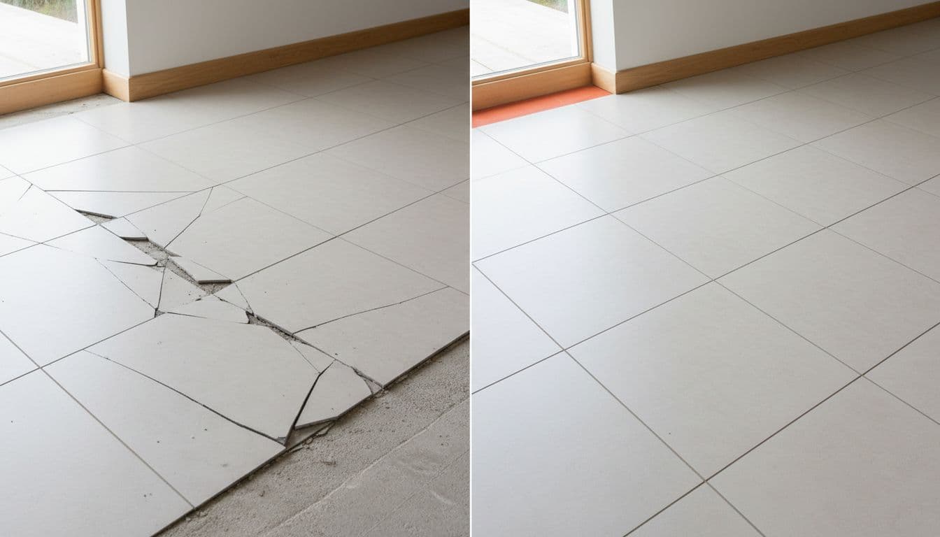 Photo-realistic split-image comparing left side cracked porcelain tile floor without crack isolation membrane to right side intact perfect tiles with membrane, home interior natural light.