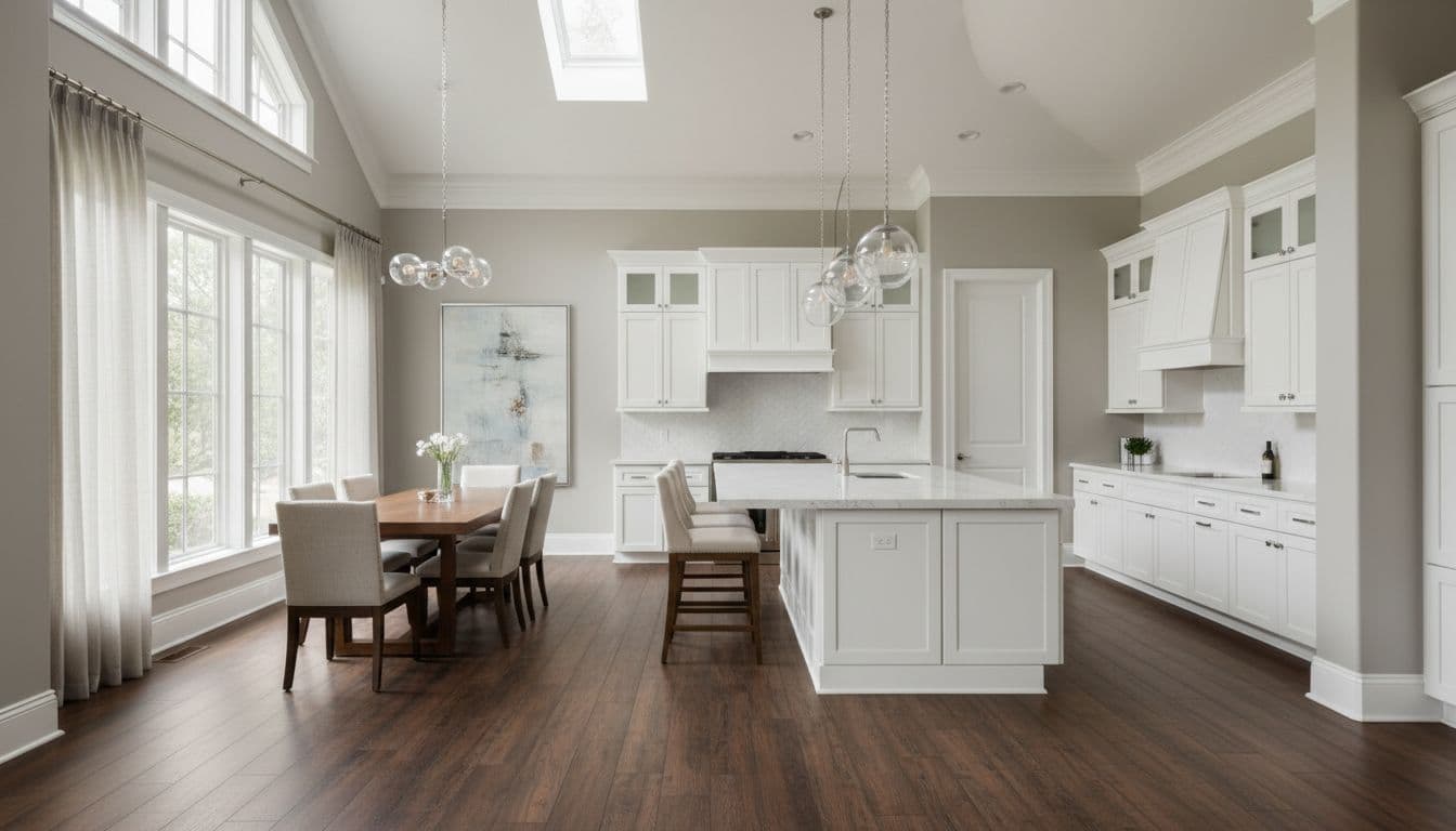 Photo-realistic interior of a high-end kitchen and dining area featuring premium luxury vinyl plank LVP flooring with realistic wood-like textures, modern white cabinetry, large island, and natural lighting.