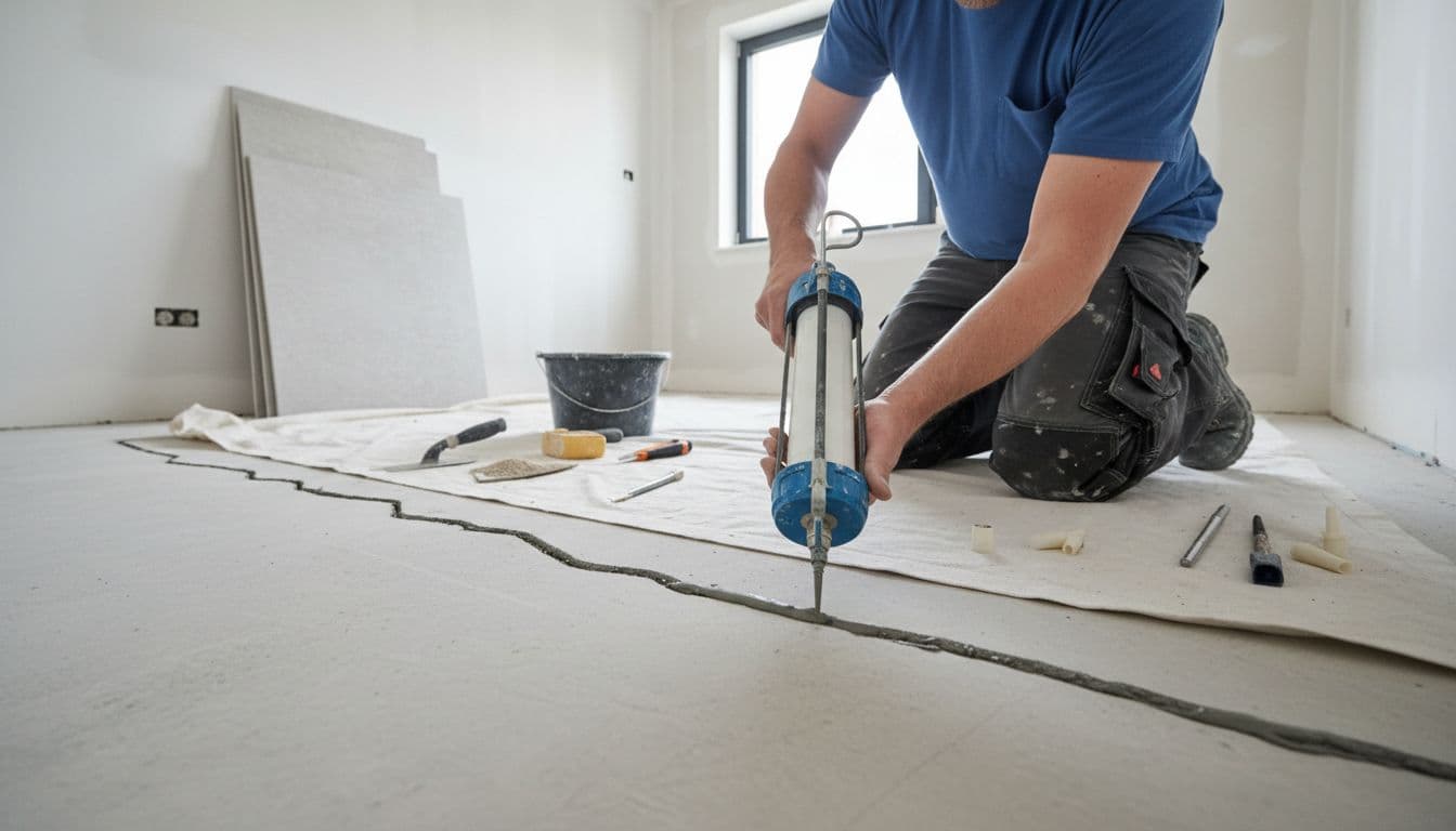 A professional worker kneels on the bathroom floor, injecting epoxy into a cracked concrete slab as part of the repair process before new tile installation, with bright even lighting and high detail focus on the hands and tools.