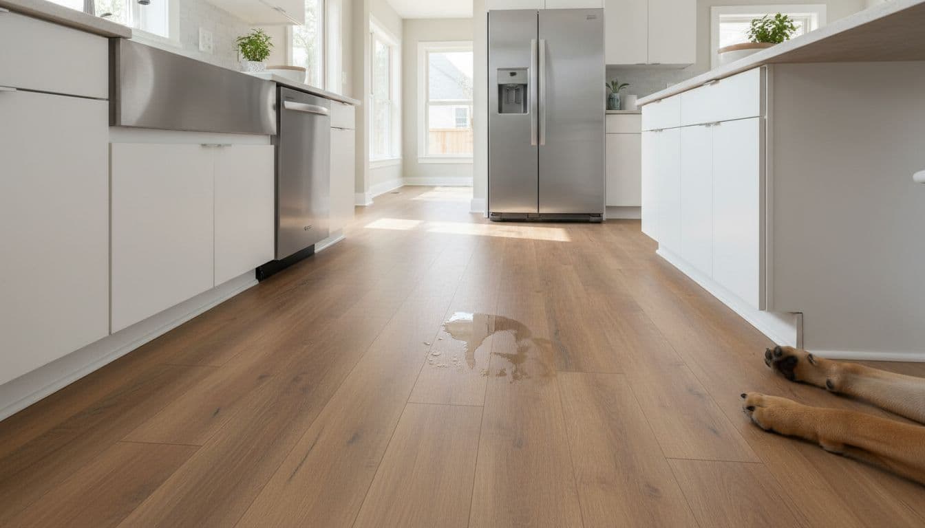 Water spilled across wood-look plank flooring in a kitchen