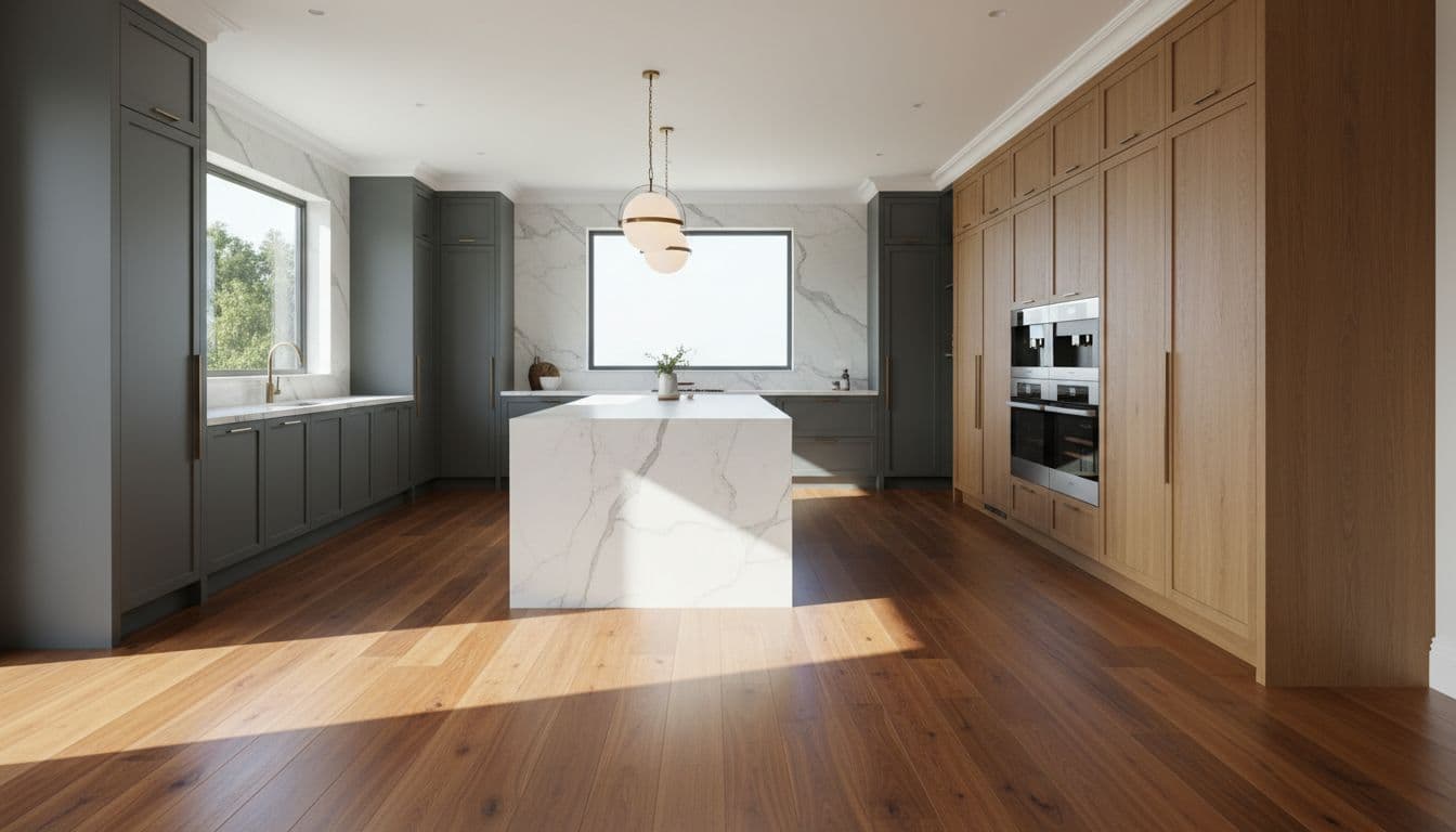 A spacious, upscale kitchen features elegant custom cabinetry and polished hardwood floors illuminated by natural light.