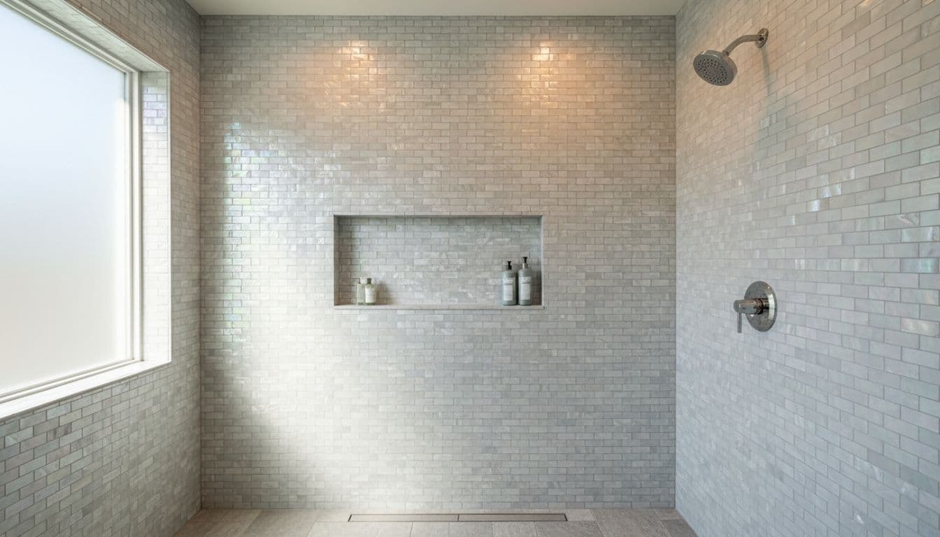 Finished shower wall with glass mosaic tile, niche, and chrome fixtures