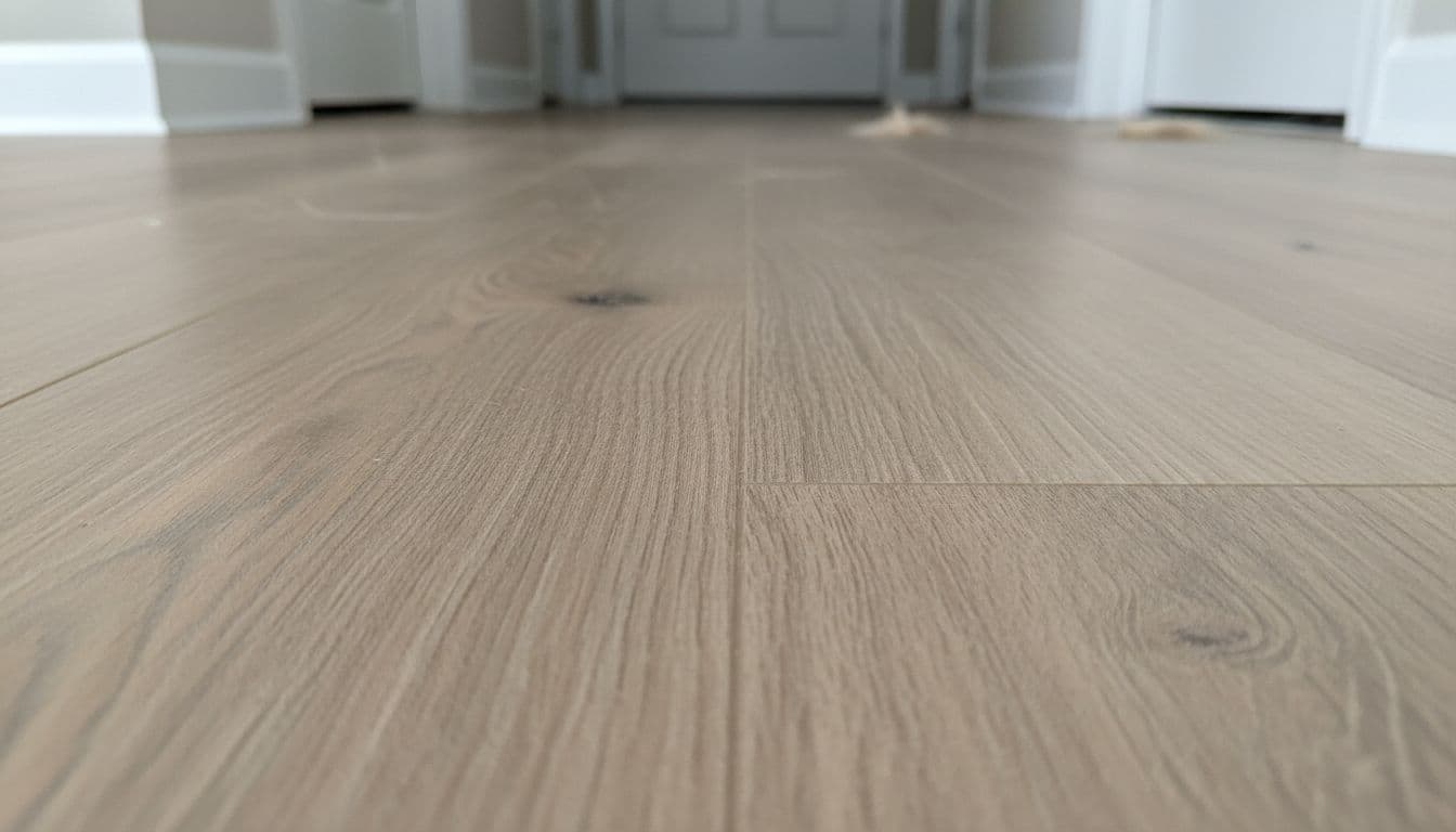 Photorealistic macro close-up of durable scratch-resistant luxury vinyl plank flooring in light natural oak tones with realistic wood-grain texture and matte finish. Pristine surface in a modern hallway with faint pet fur, emphasizing toughness against scratches.