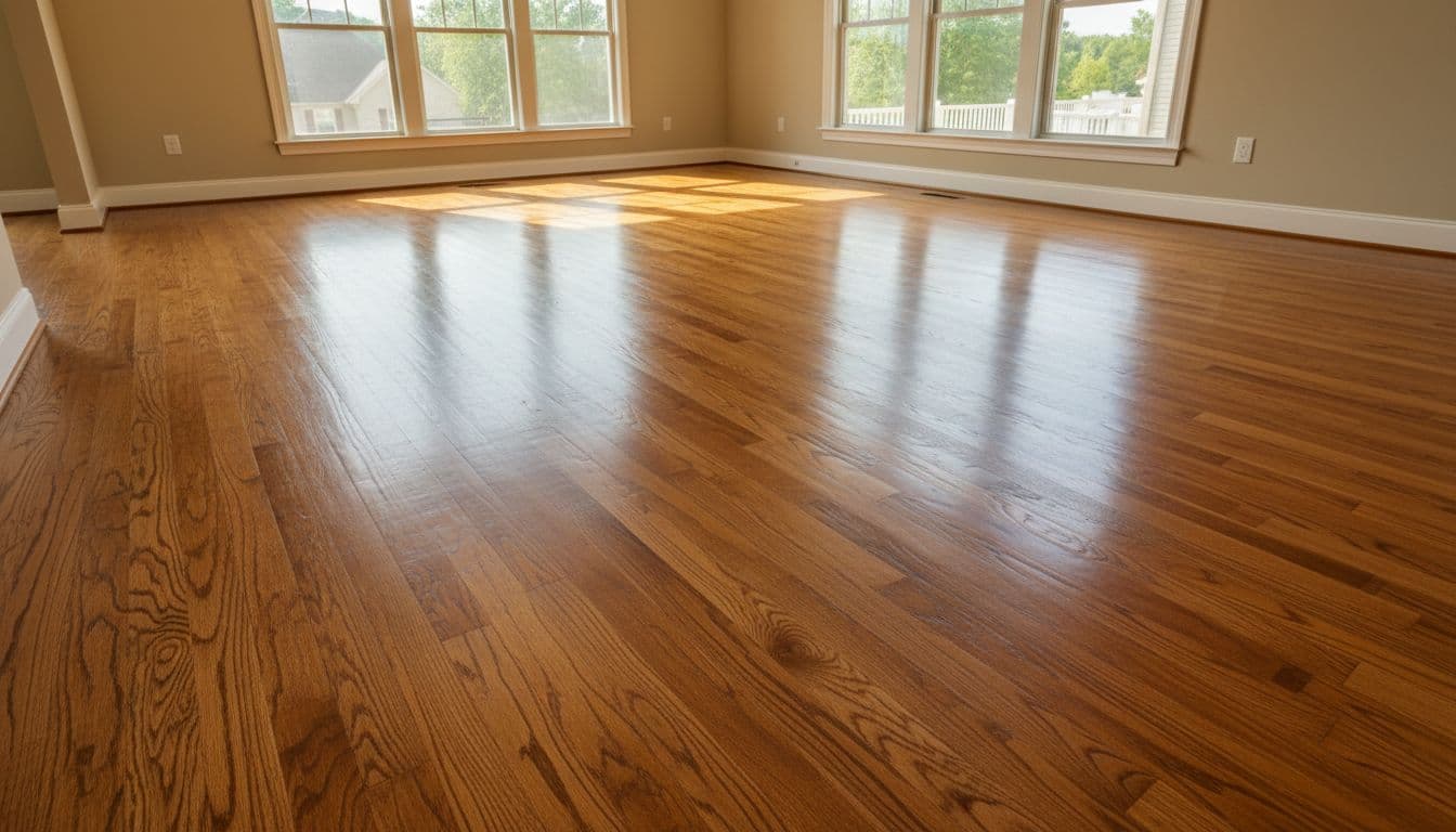 Shiny solid oak hardwood flooring with detailed wood grain fills a sunny Alpharetta GA style living room, bathed in natural light from large windows and warm afternoon lighting. The clean, low-dust surface in this cozy modern home interior with neutral walls is ideal for allergy relief.