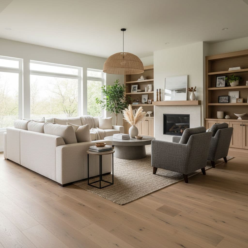 A bright living room showcases detailed wire-brushed white oak hardwood floors alongside a plush sofa.